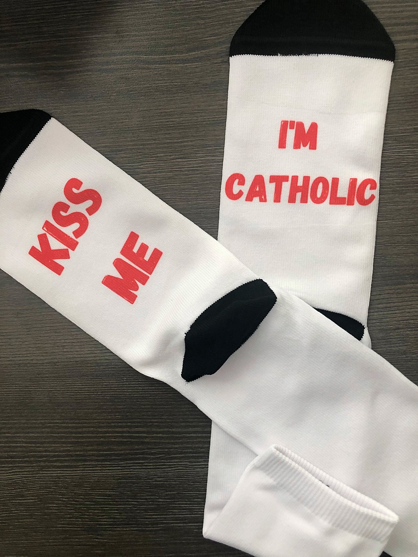 Kiss me I'm Catholic His and Her socks - Catholic couple gift